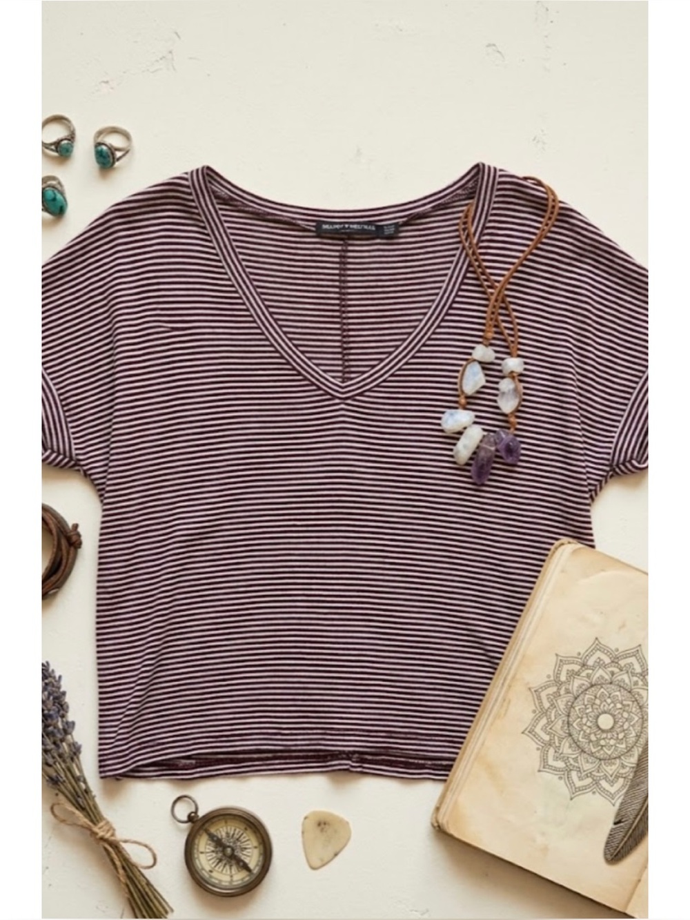 Brandy Melville Striped V-Neck Short Sleeve Tee